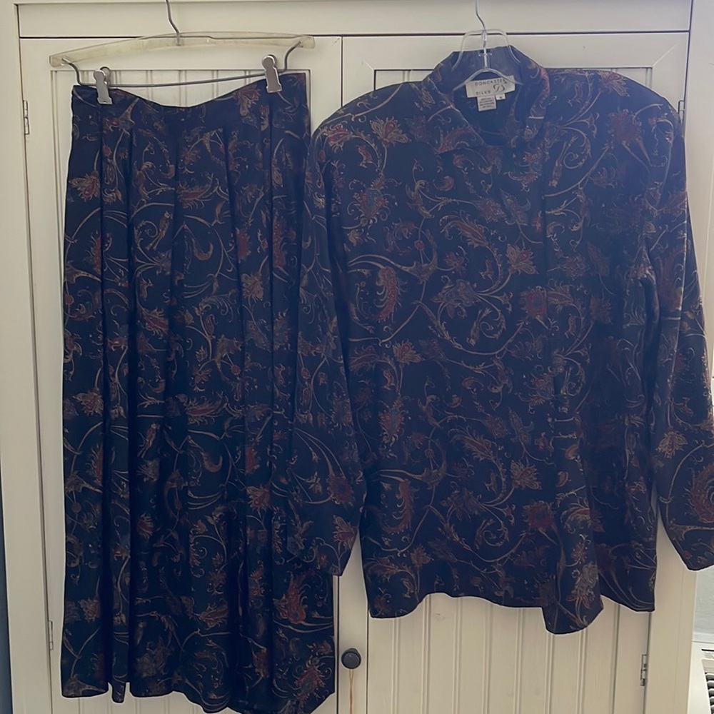 Vintage black brocade silk paisley 2 piece dress in black, scarlet and gold.